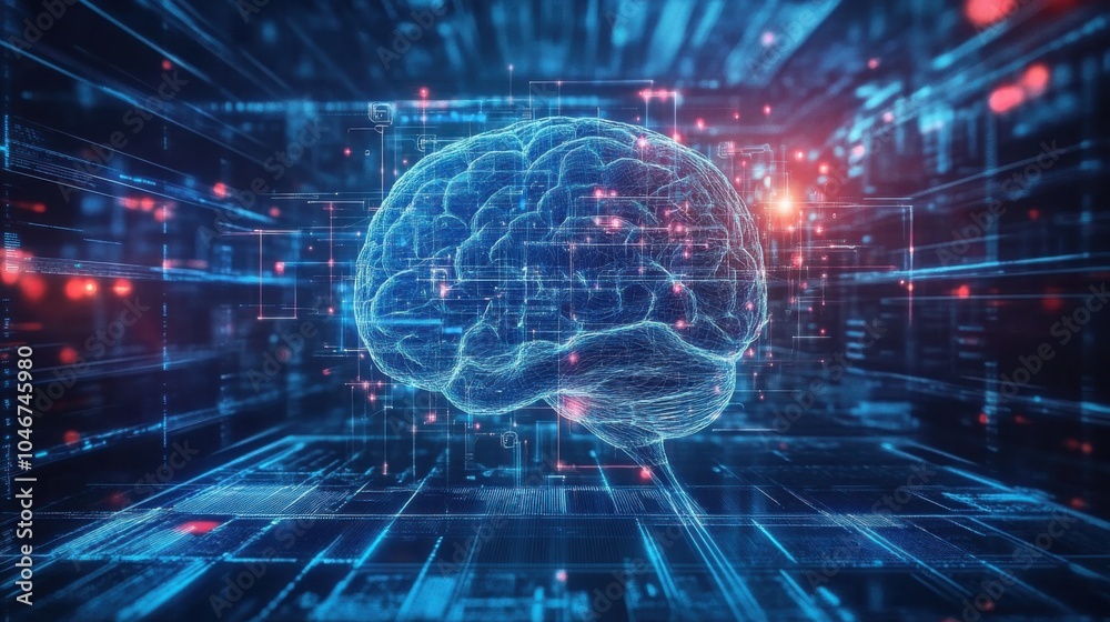 Brain in Virtual Space Surrounded by Flowing Data Brain in Virtual Space Surrounded by Flowing Data