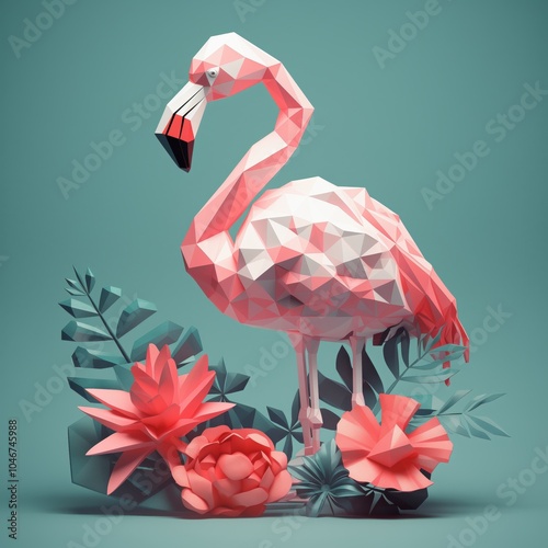 3D origami flamingo with tropical flowers and leaves design