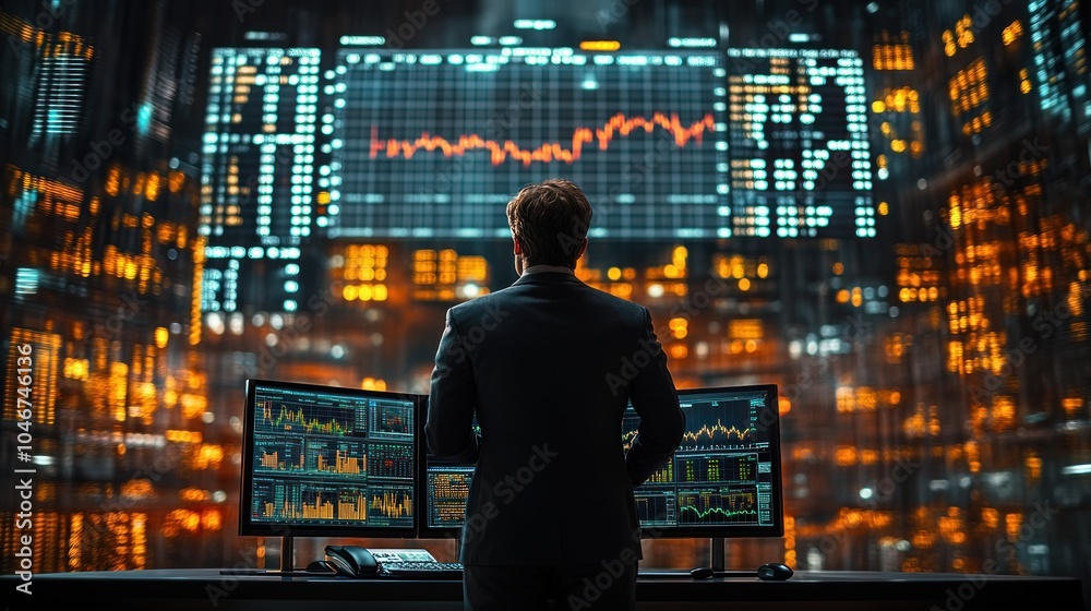A businessman stands in front of a large screen displaying stock market data. He is looking at the screen, which is showing a graph of the stock market A businessman stands in front of a large screen displaying stock market data. He is looking at the screen, which is showing a graph of the stock market
