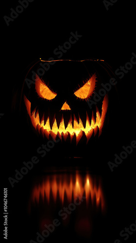 Halloween pumpkin with fangs on black background