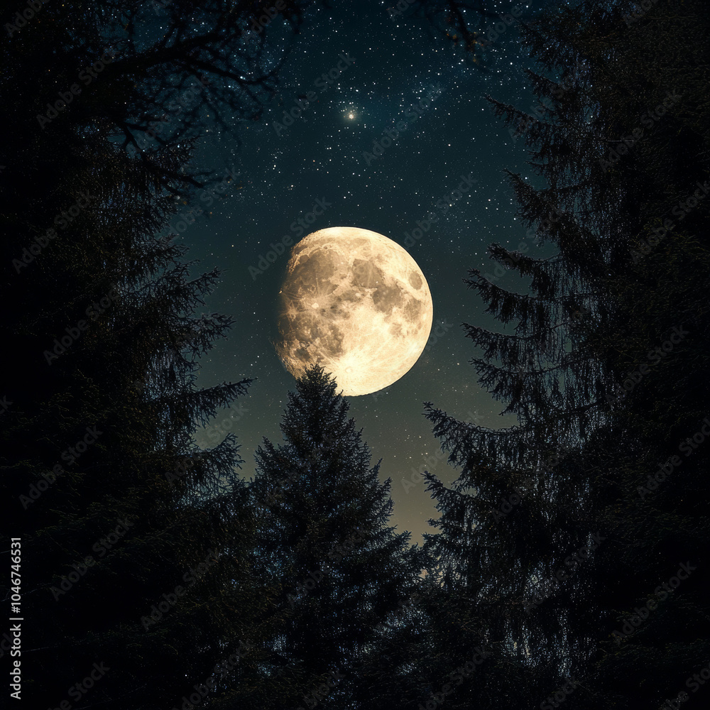 Fototapeta premium Beneath the trees, the moonlight filters through, casting a serene glow on the forest. A magical night in nature's embrace.