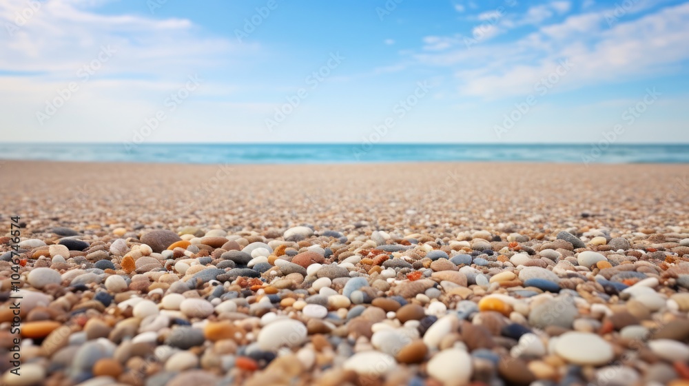 Broad view of a surface scattered with tiny, bright-colored pebbles and grains of sand. The image includes a large area of empty space, Broad view of a surface scattered with tiny, bright-colored pebbles and grains of sand. The image includes a large area of empty space,