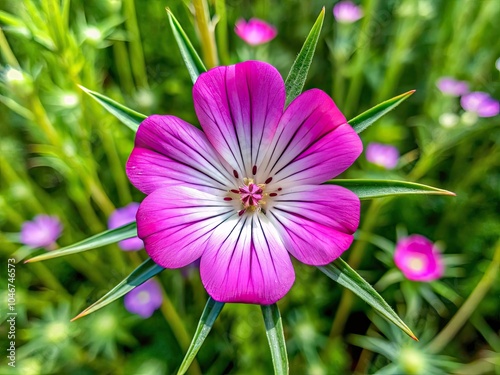 Stunning Close-Up of Corncockle (Agrostemma githago) Flower with Pink Petals and Green Sepals in Wildflower Mixes for Documentary Photography photo