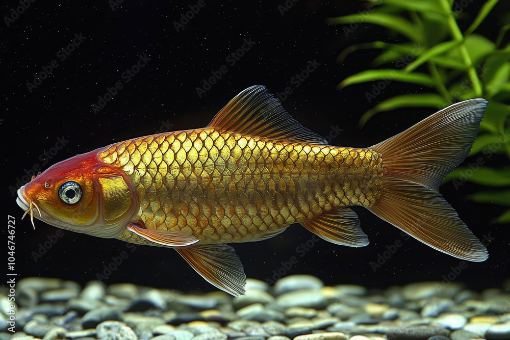 Golden koi fish swimming gracefully in serene underwater environment, showcasing its shimmering scales and vibrant colors against dark backdrop. peaceful scene evokes sense of tranquility and beauty Golden koi fish swimming gracefully in serene underwater environment, showcasing its shimmering scales and vibrant colors against dark backdrop. peaceful scene evokes sense of tranquility and beauty