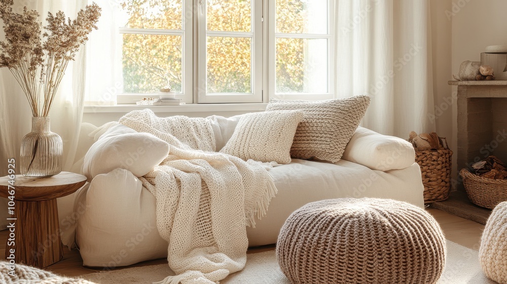 Fototapeta premium Cozy living room with knitted pillows