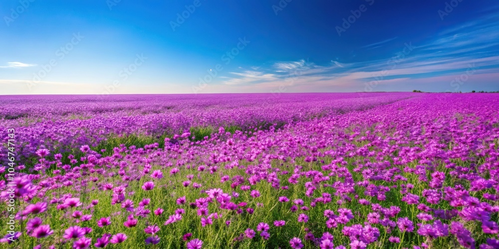 A stunning purple wildflower field in full bloom against a clear blue sky, flowers, fields, garden, purple A stunning purple wildflower field in full bloom against a clear blue sky, flowers, fields, garden, purple