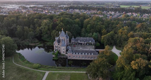 An aerial drone video of Renswoude castle, The Netherlands romantic historic castle in forrest nature. Aerial drone video. photo