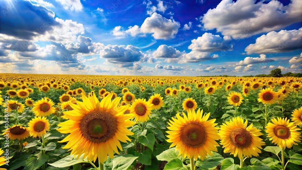Fototapeta premium A vibrant and colorful sunflower field in full bloom against a bright blue sky with fluffy white clouds, bright colors, outdoor scene, sunny yellow flowers, nature wallpaper