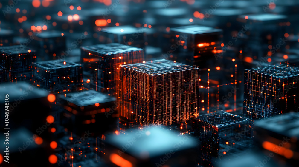 Obraz premium Glowing Data Cubes in a Digital Landscape