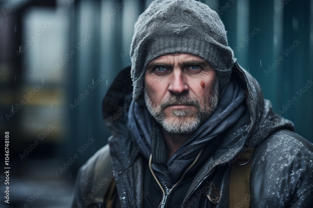 Portrait of a homeless man in a gray coat with a hood. Portrait of a homeless man in a gray coat with a hood.