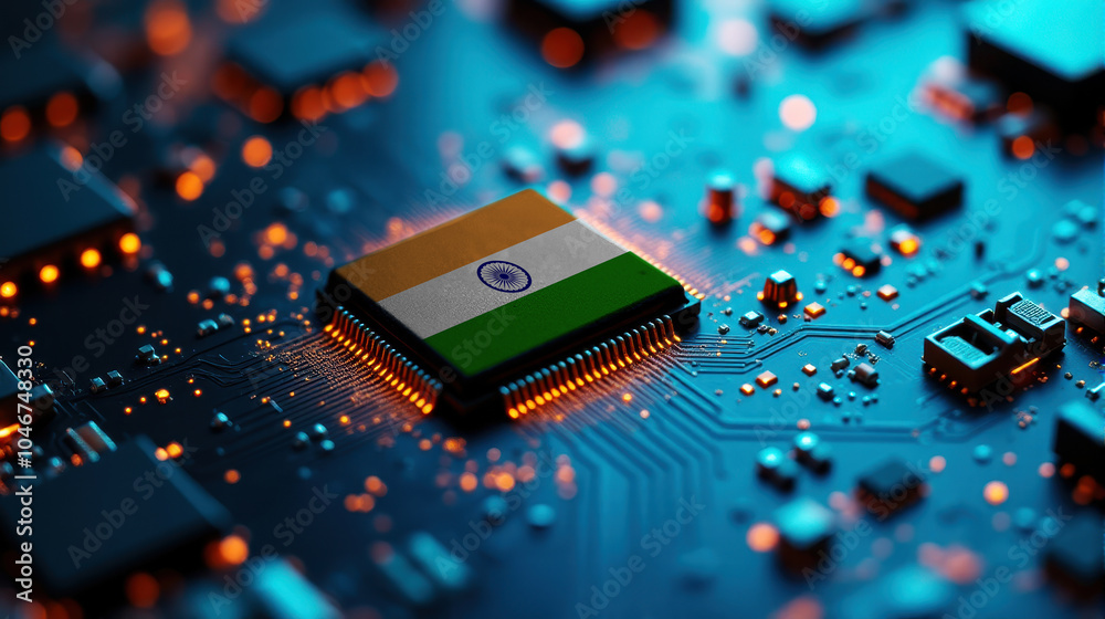 A India themed chip is placed on a detailed circuit board, with glowing connections that emphasize influence in electronics, computing, and tech innovation. A India themed chip is placed on a detailed circuit board, with glowing connections that emphasize influence in electronics, computing, and tech innovation.