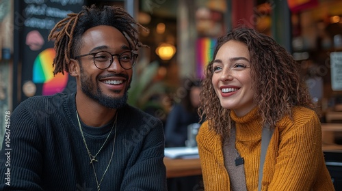 A joyful moment shared between two friends in a cozy café, capturing their smiles and connection amidst a vibrant atmosphere.