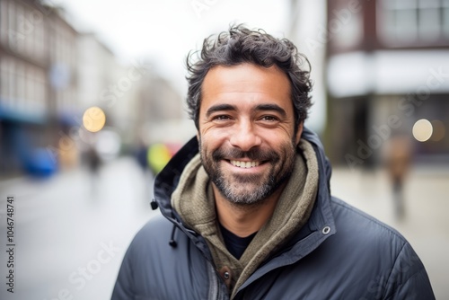 Portrait of a handsome middle aged man with beard in the city