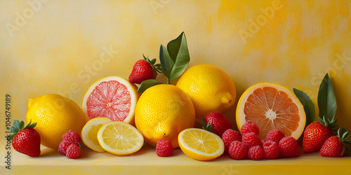 Assorted Citrus and Berries on Yellow Background photo