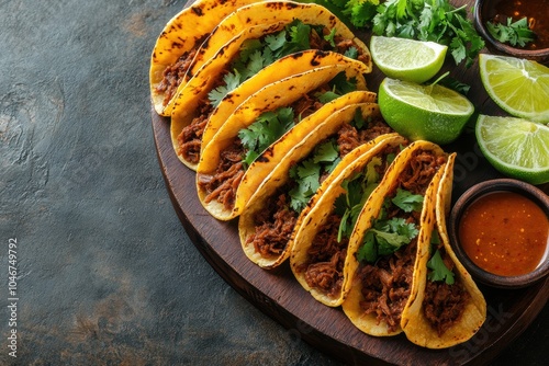 mexican food presentation, birria tacos served with flavorful sauces and lime wedges, displayed on a rustic table, providing a backdrop for text photo