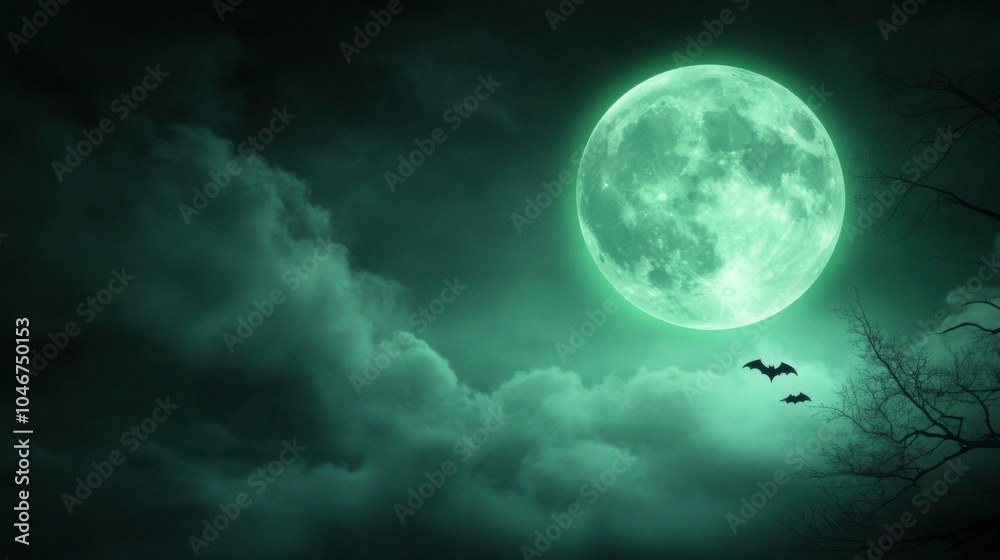 Eerie green moon illuminates dark clouds while bats soar through the night sky, creating a haunting atmosphere of mystery. Eerie green moon illuminates dark clouds while bats soar through the night sky, creating a haunting atmosphere of mystery.