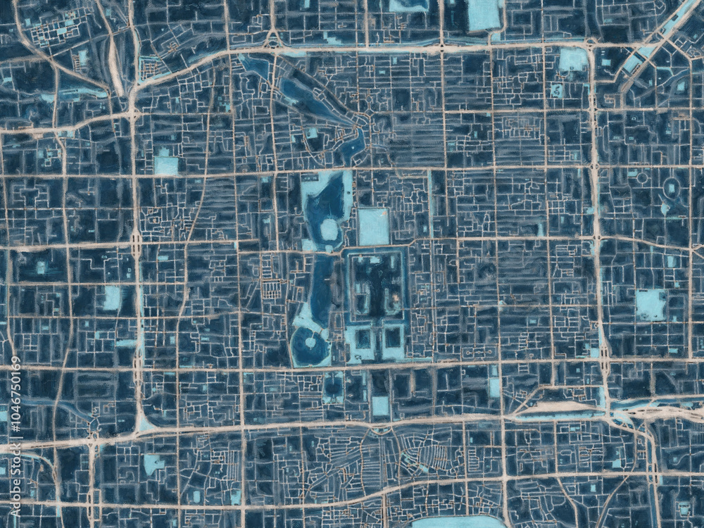 Obraz premium Painterly Style City Map of Beijing city center, People's Republic of China in a Blue Color Scheme.