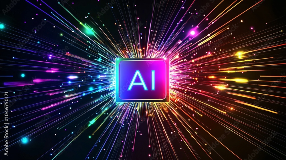 Obraz premium Vibrant digital artwork featuring a glowing 'AI' symbol surrounded by colorful light bursts and rays, symbolizing innovation and technology.