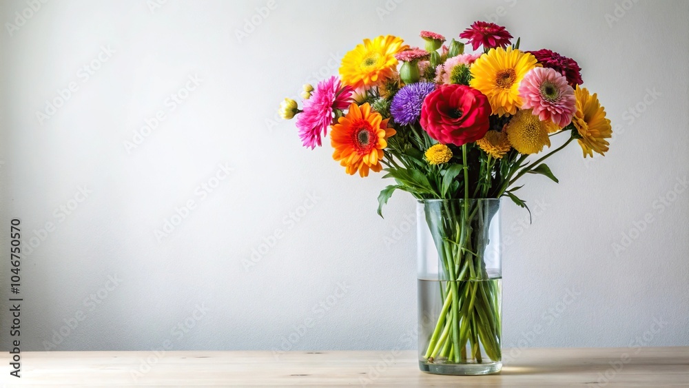 Fototapeta premium Colorful bouquet of long-stemmed flowers in a clear glass vase with a simple white background, elegant design, floral display, bright colors, bouquet