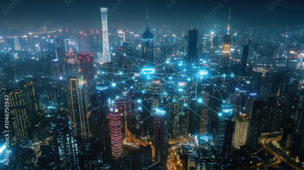 custom made wallpaper toronto digitalDigital Network Over Neon Cityscape at Night