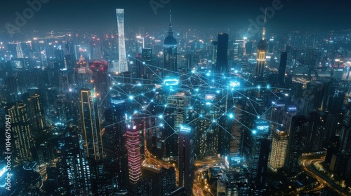 Wallpaper Mural Digital Network Over Neon Cityscape at Night Torontodigital.ca