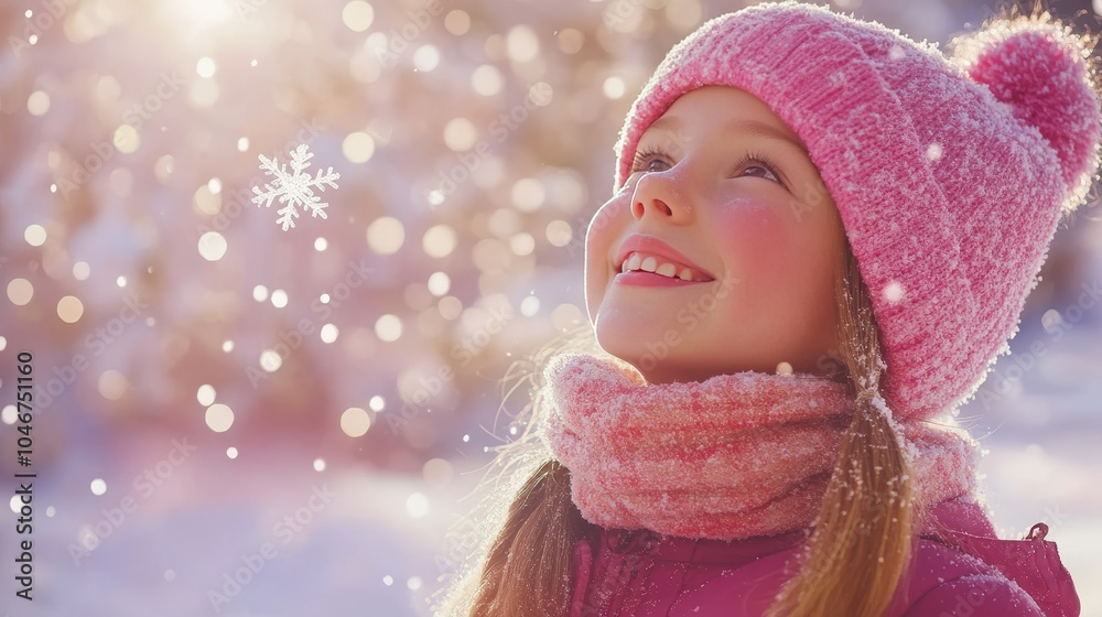 Happy Child Girl In Knitted Pink Winter Hat And Scarf Playing, Having Fun In Winter Snowy Day. Happy Child Girl In Knitted Pink Winter Hat And Scarf Playing, Having Fun In Winter Snowy Day.