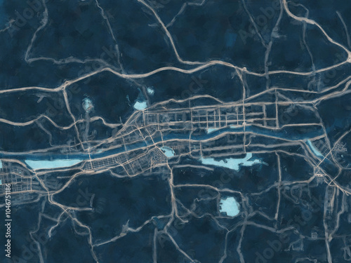 Painterly Style City Map of Fushun, People's Republic of China in a Blue Color Scheme. photo