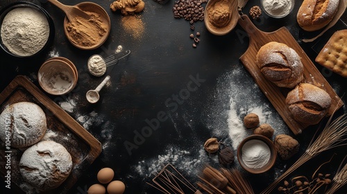 Artisanal Baking Illustration: Warm Brown and Black Colors, Culinary Elements, Tradition and Creativity Metaphors, Textured Overlays, Spatial Complexity, Engaging Visual Design.