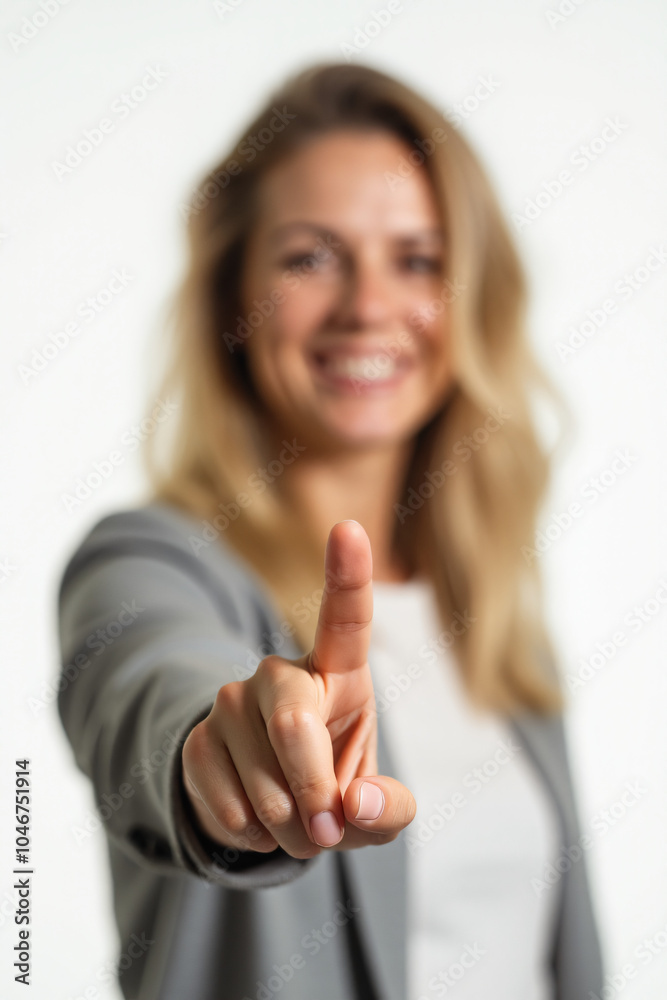 english woman points product isolated background finger extended front camera