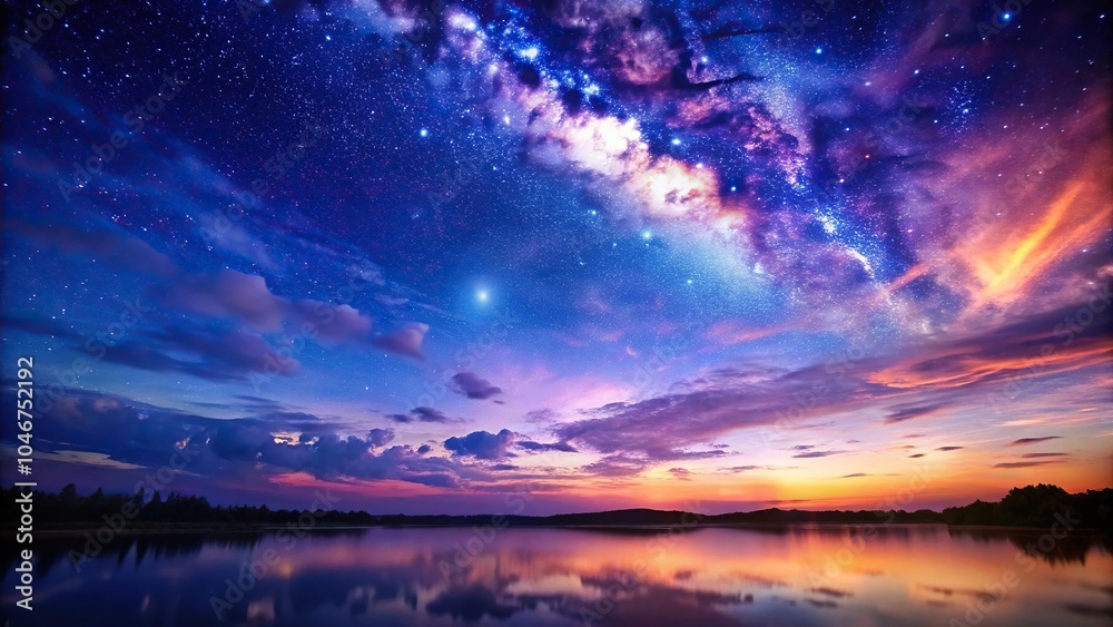 Deep blues and purples in a twilight sky with stars beginning to appear, nocturnal scene, inky blackness, mysterious ambiance, purple hue Deep blues and purples in a twilight sky with stars beginning to appear, nocturnal scene, inky blackness, mysterious ambiance, purple hue