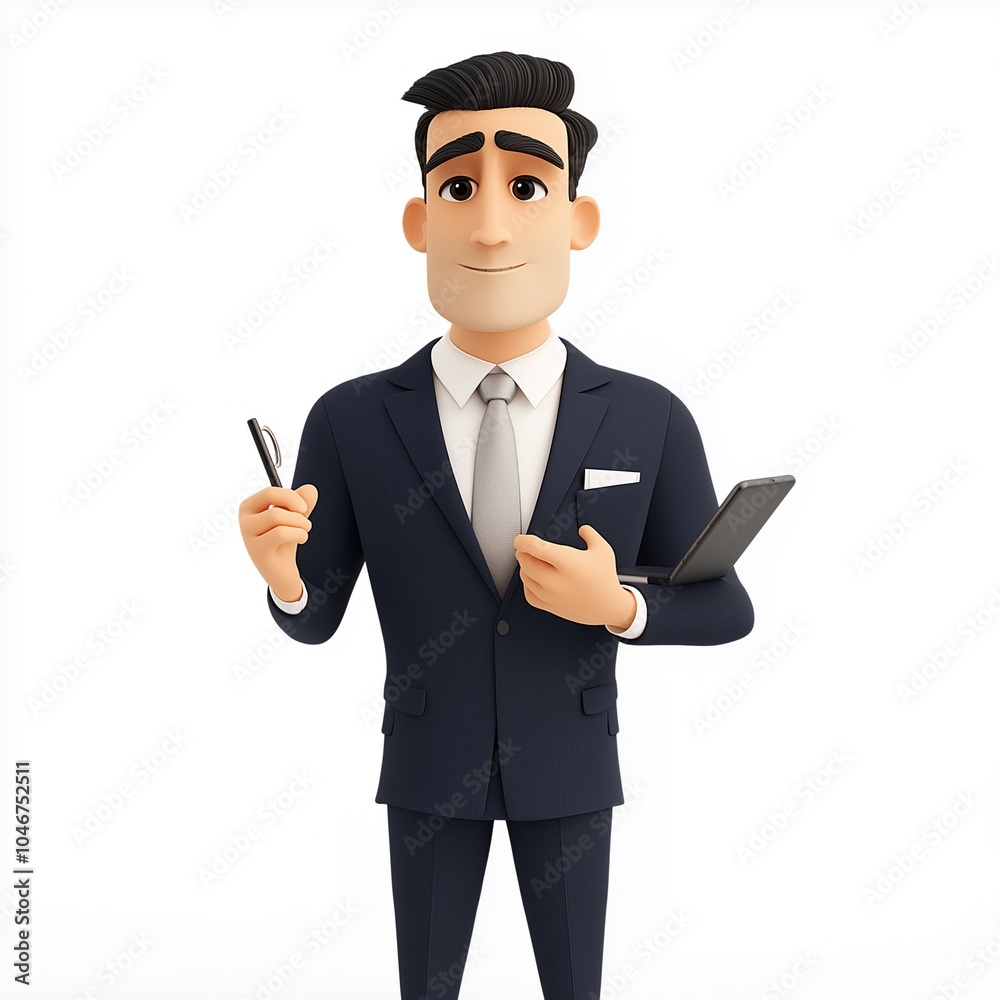 A highly detailed 3D character design of a professional businessman holding a pen and tablet, created in Blender in a clean, bright studio environment A highly detailed 3D character design of a professional businessman holding a pen and tablet, created in Blender in a clean, bright studio environment