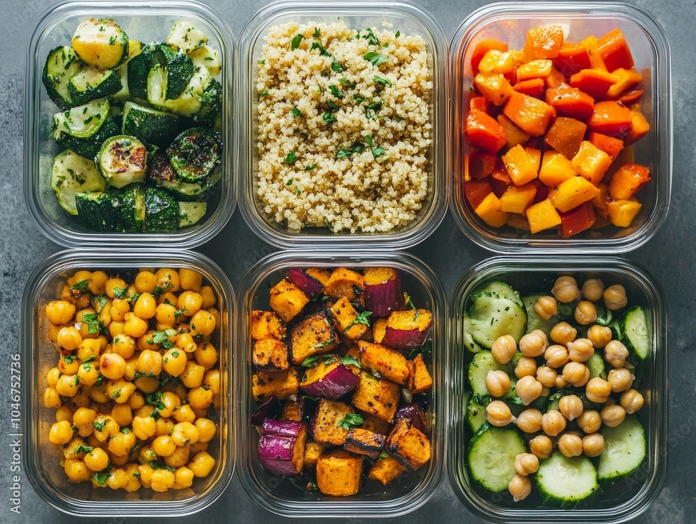 A flat-lay of vegan meal prep containers filled with quinoa, roasted vegetables, and chickpea salad, ready for the week. A flat-lay of vegan meal prep containers filled with quinoa, roasted vegetables, and chickpea salad, ready for the week.