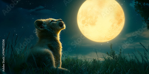 Lion Cub Gazing at Full Moon in Night Sky photo