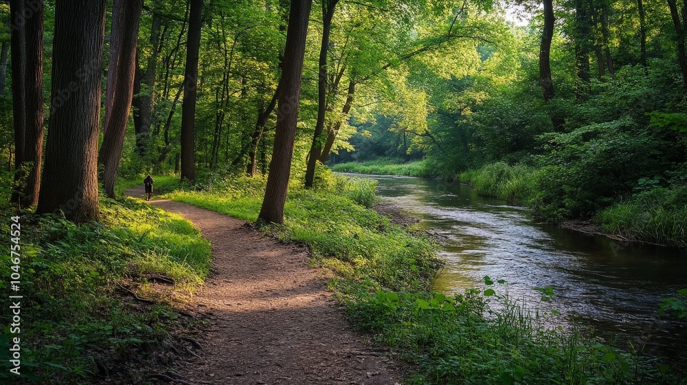 Obraz premium A forest trail leading to a quiet river, with a hiker enjoying the peacefulness of nature without the distraction of a phone.