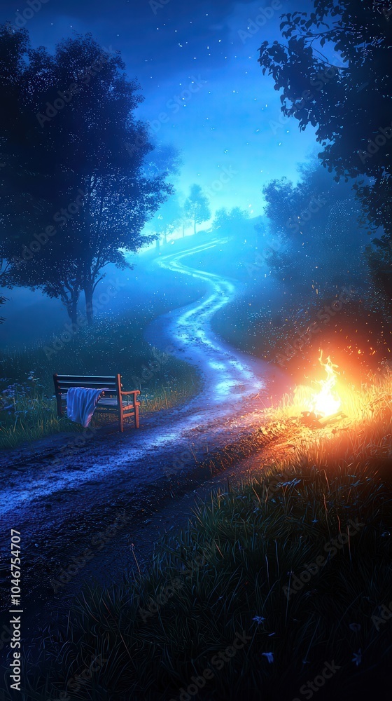 Obraz premium A Serene Pathway Through Nature at Dusk with an Inviting Fire and a Lonely Bench