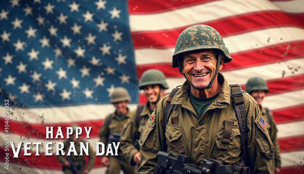 A smiling, older soldier in military uniform looks at the camera. There is a blurry image of three other soldiers in the background, and a large American flag behind them. The text A smiling, older soldier in military uniform looks at the camera. There is a blurry image of three other soldiers in the background, and a large American flag behind them. The text