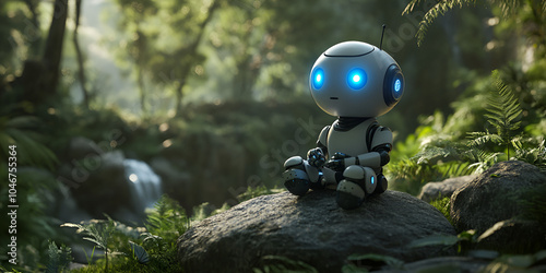 Cute Futuristic Robot Sitting on Rock in Forest photo