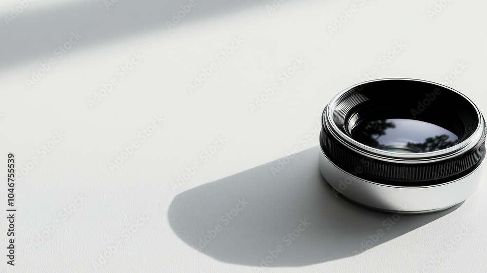 camera lens on a white surface casting a shadow, modern photography concept, minimalistic design with soft lighting, highlights the intricacies of the lens camera lens on a white surface casting a shadow, modern photography concept, minimalistic design with soft lighting, highlights the intricacies of the lens