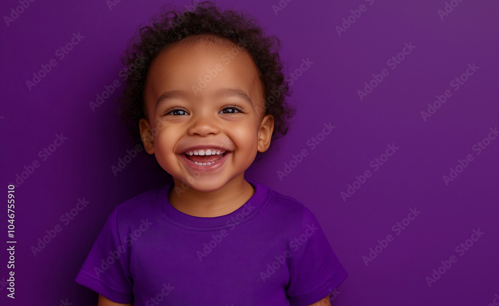 Laughing child dressed in purple against a vibrant purple background, radiating joy and happiness. Laughing child dressed in purple against a vibrant purple background, radiating joy and happiness.