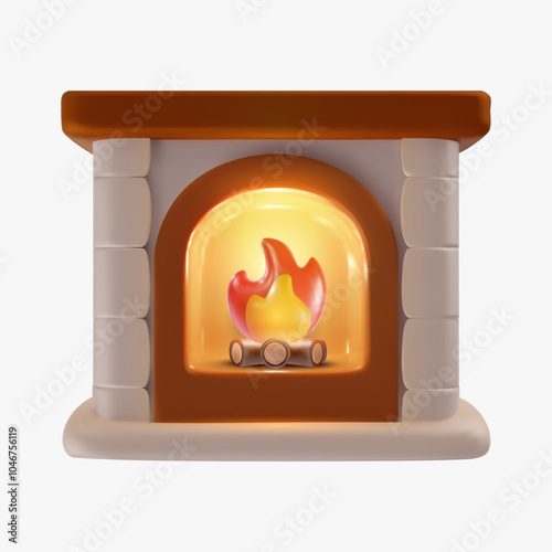 3d realistic stone blazing fireplace isolated on white background. Bright interior decoration element. Cartoon vector illustration.