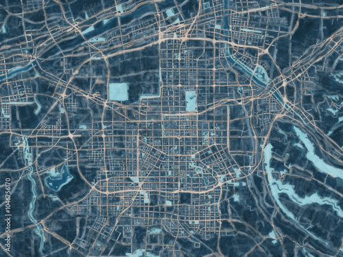 Photos Painterly Style City Map of Xian, People's Republic of China in a Blue Color Scheme