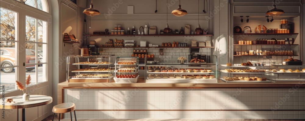 Bright and airy bakery with pastries and cakes, 4K hyperrealistic photo Bright and airy bakery with pastries and cakes, 4K hyperrealistic photo