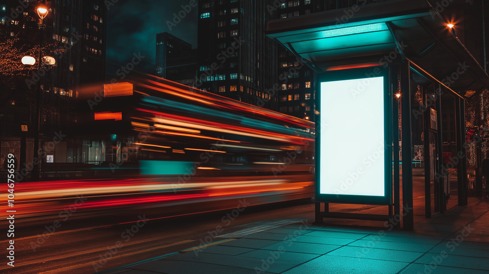 Blank, illuminated bus stop billboard at night with colorful light trails from passing vehicles. Blank, illuminated bus stop billboard at night with colorful light trails from passing vehicles.