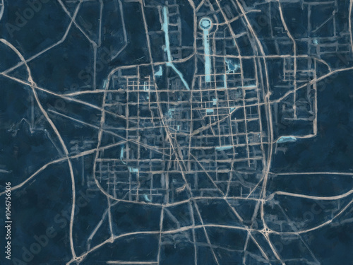 Painterly Style City Map of Xuchang, People's Republic of China in a Blue Color Scheme. photo