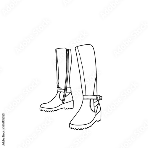 Knee-high boots wedge tall fall boots round toe with buckle platform boots line art, Technical sketch hand-drawing outline vector doodle illustration. Isolated on a white background
