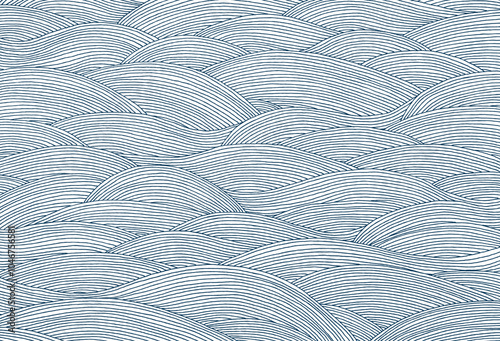 ペン画の手描きの紺色の波白背景