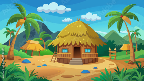 Thatched Grass Hut in a Tropical Village