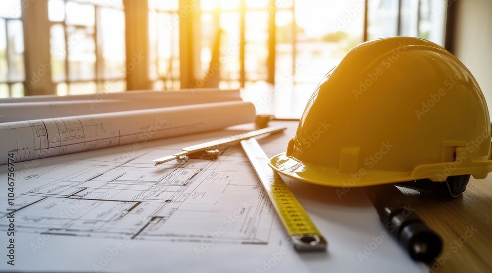 A yellow hard hat placed on architectural blueprints alongside measuring tools, representing construction and engineering planning. A yellow hard hat placed on architectural blueprints alongside measuring tools, representing construction and engineering planning.