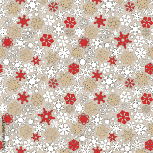 snowflakes seamless background. vector illustration of falling snow. A drawn pattern of many different snowflakes randomly flying. backdrop for greeting, invitation, fabric, wallpaper, packaging photo