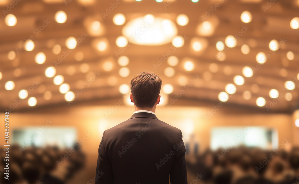 Man in a suit facing an audience in a large, dimly lit hall, with a spotlight illuminating the stage. Man in a suit facing an audience in a large, dimly lit hall, with a spotlight illuminating the stage.